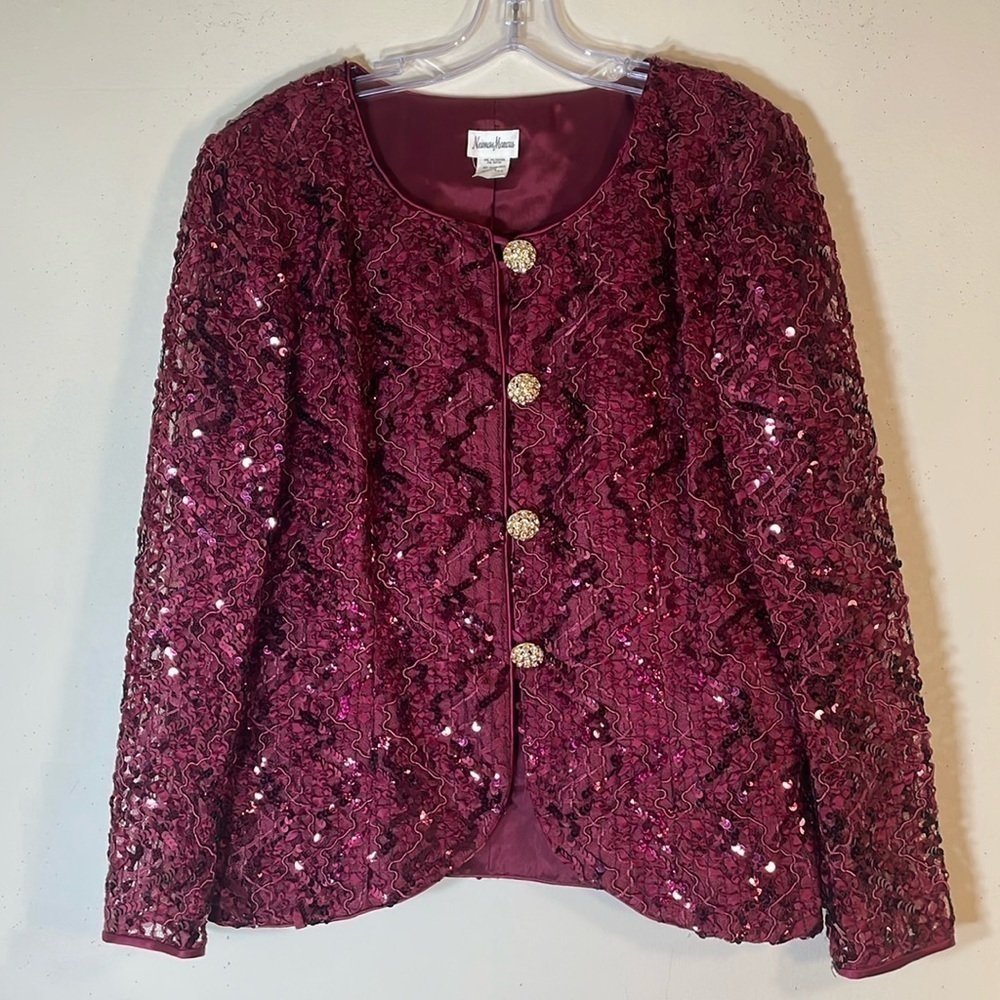 Neiman Marcus Glitter Sequin Embroidered Lace Jacket with Jewel Button Front. 16